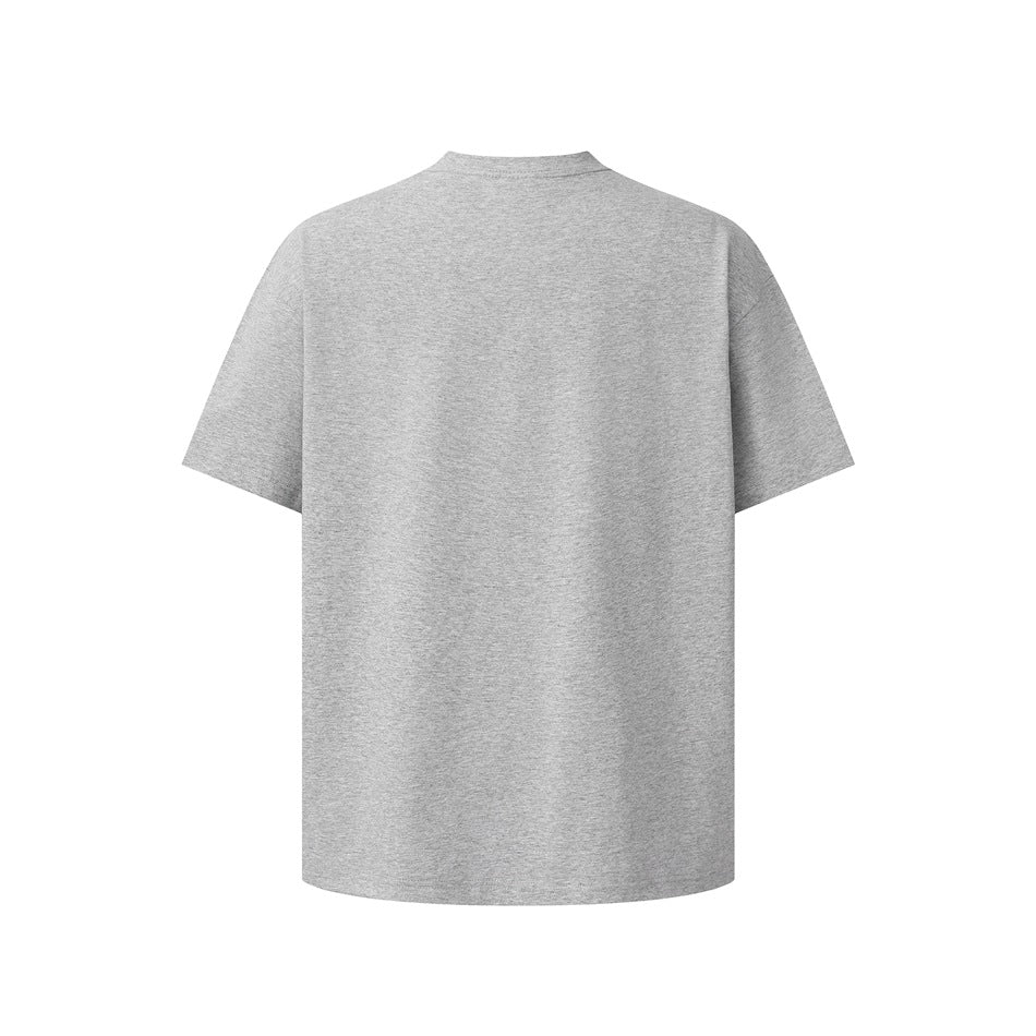 Back view of a plain heather gray short-sleeve T-shirt with dropped shoulders