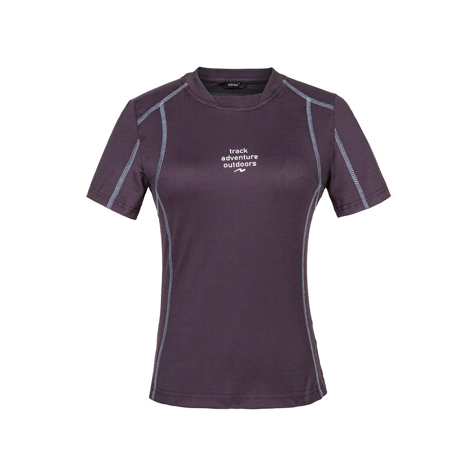 Deep purple short-sleeve crew-neck T-shirt with light blue contrast stitching and a white chest print, front view