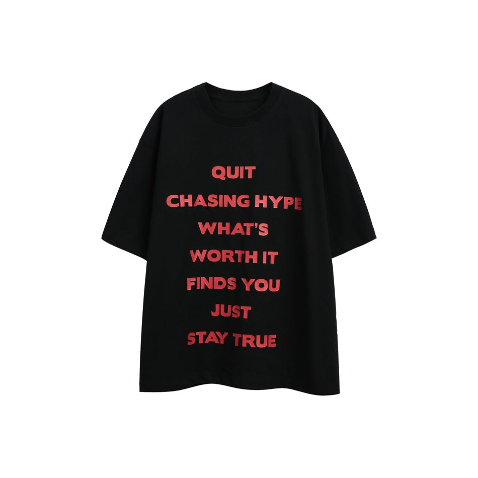 Black short-sleeve T-shirt with stacked red slogan print on the front, flat view