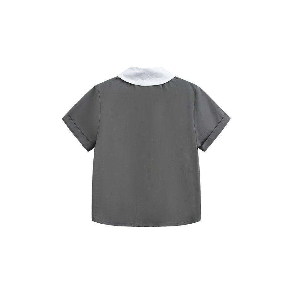 Back view of gray short-sleeve shirt with white collar and cuffed sleeves, flat lay