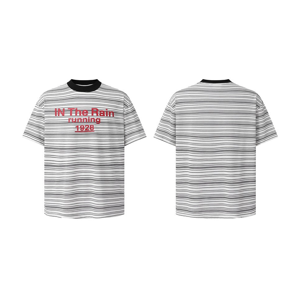 White T-shirt with thin black stripes shown from front and back; the front has red “IN The Rain running 1928” text.