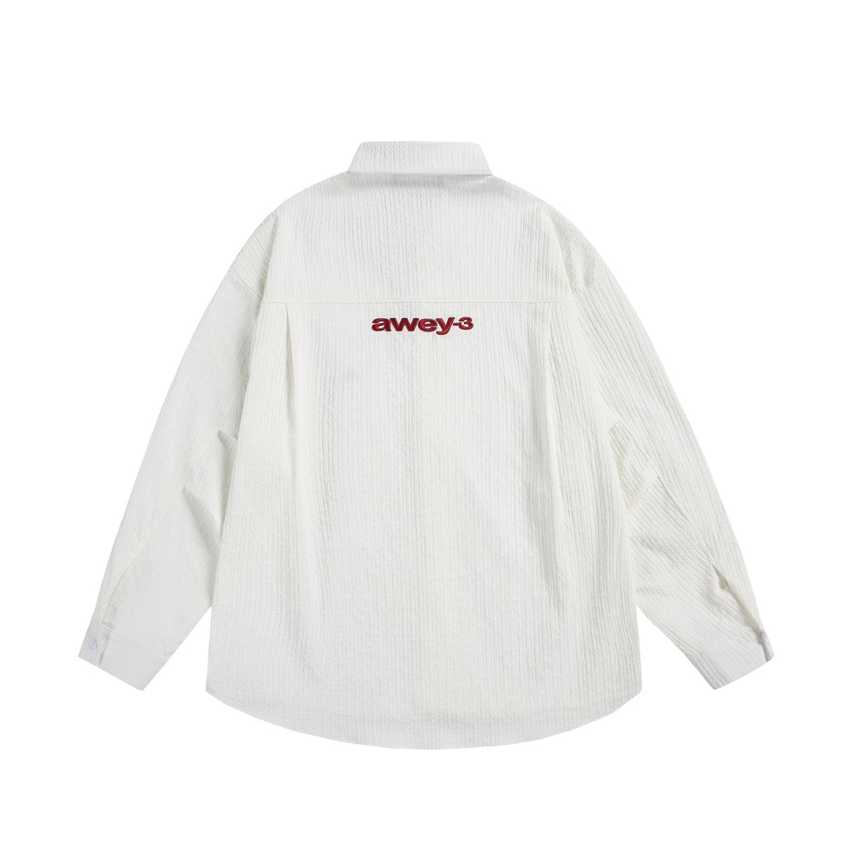 Back view of an off-white textured-stripe long-sleeve shirt with red embroidered lettering on the pleated back yoke