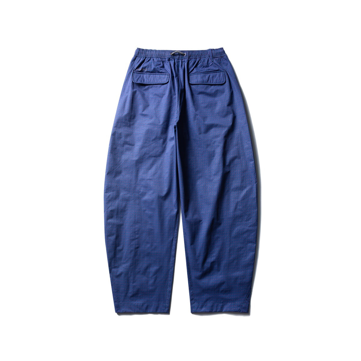 Back view of blue-purple check trousers with an elastic drawstring waist and two flap back pockets.