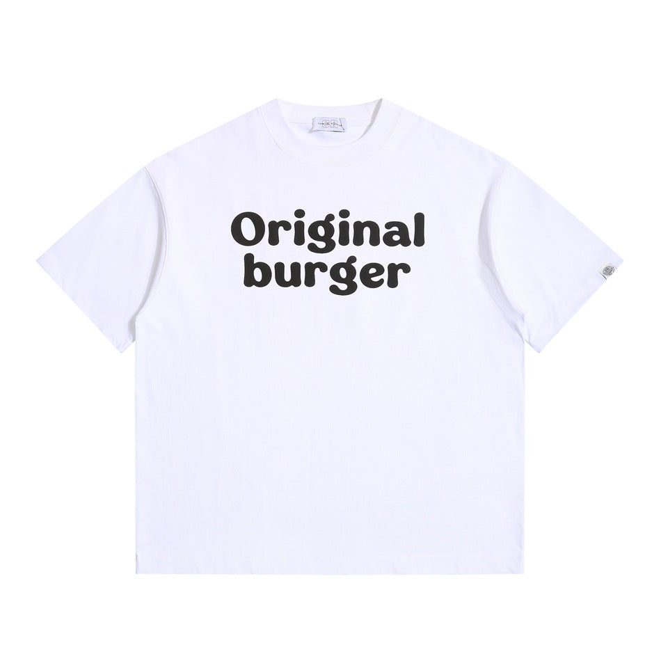 White short-sleeve crew neck T-shirt with black "Original burger" bubble lettering on the chest, flat lay