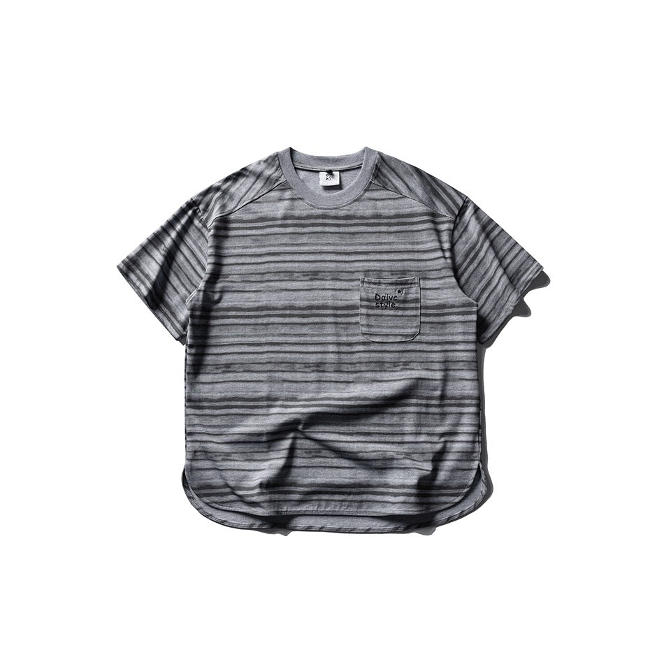 Gray striped short-sleeve crew-neck tee with chest pocket and curved hem, flat front view