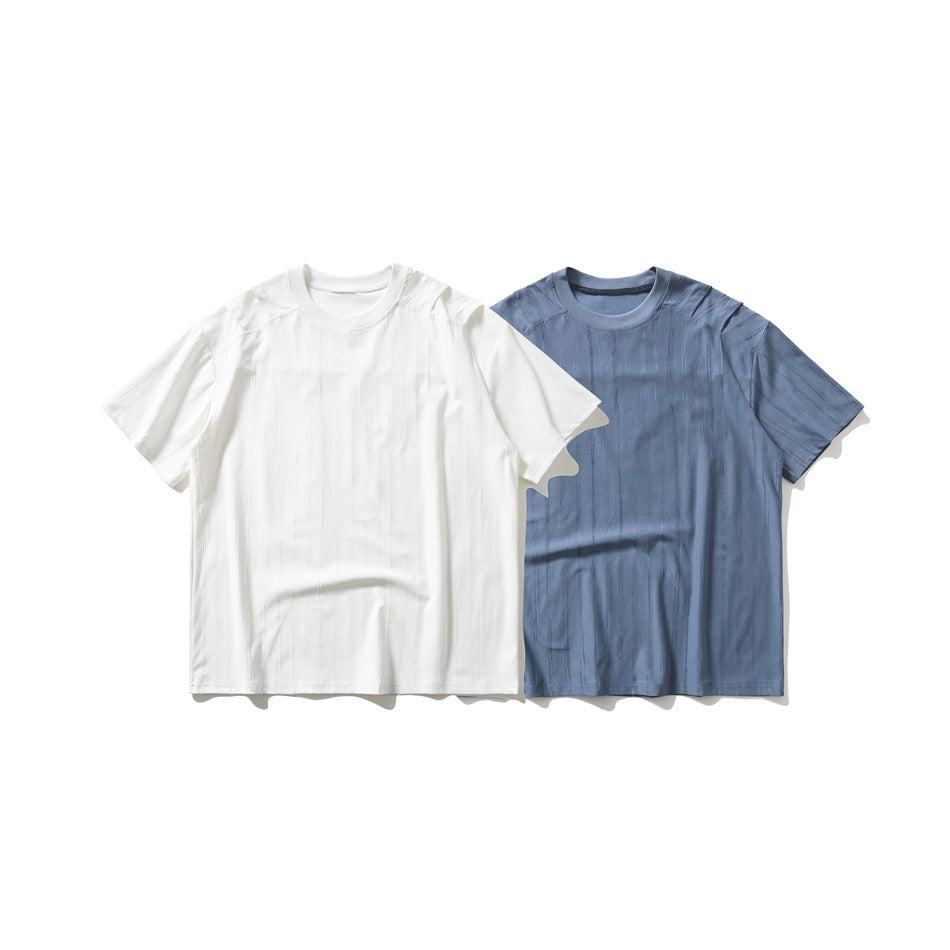 White and blue short-sleeve crew-neck T-shirts displayed side by side, both with subtle vertical stripes.