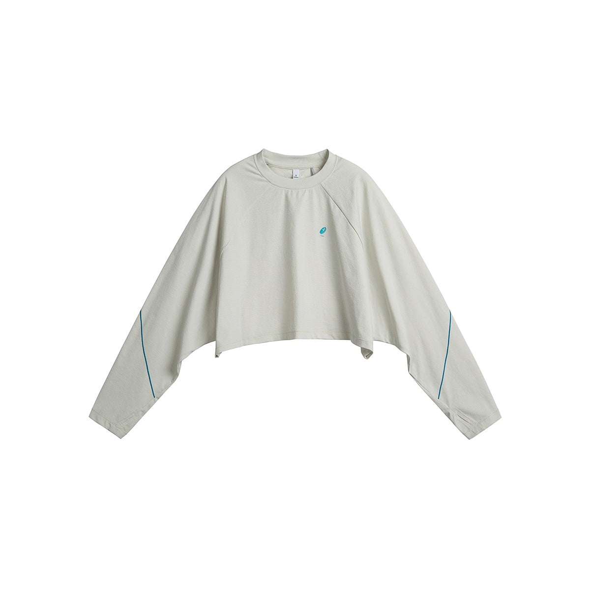 Pearl white cropped long-sleeve top with raglan sleeves, teal sleeve piping and a small teal chest logo, flat lay front