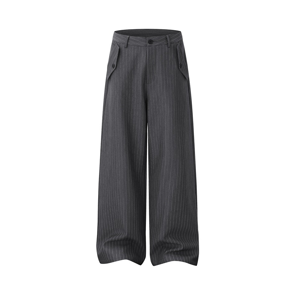 Gray pinstripe wide-leg trousers, front flat view, with button waistband and button-tab hip flap pockets
