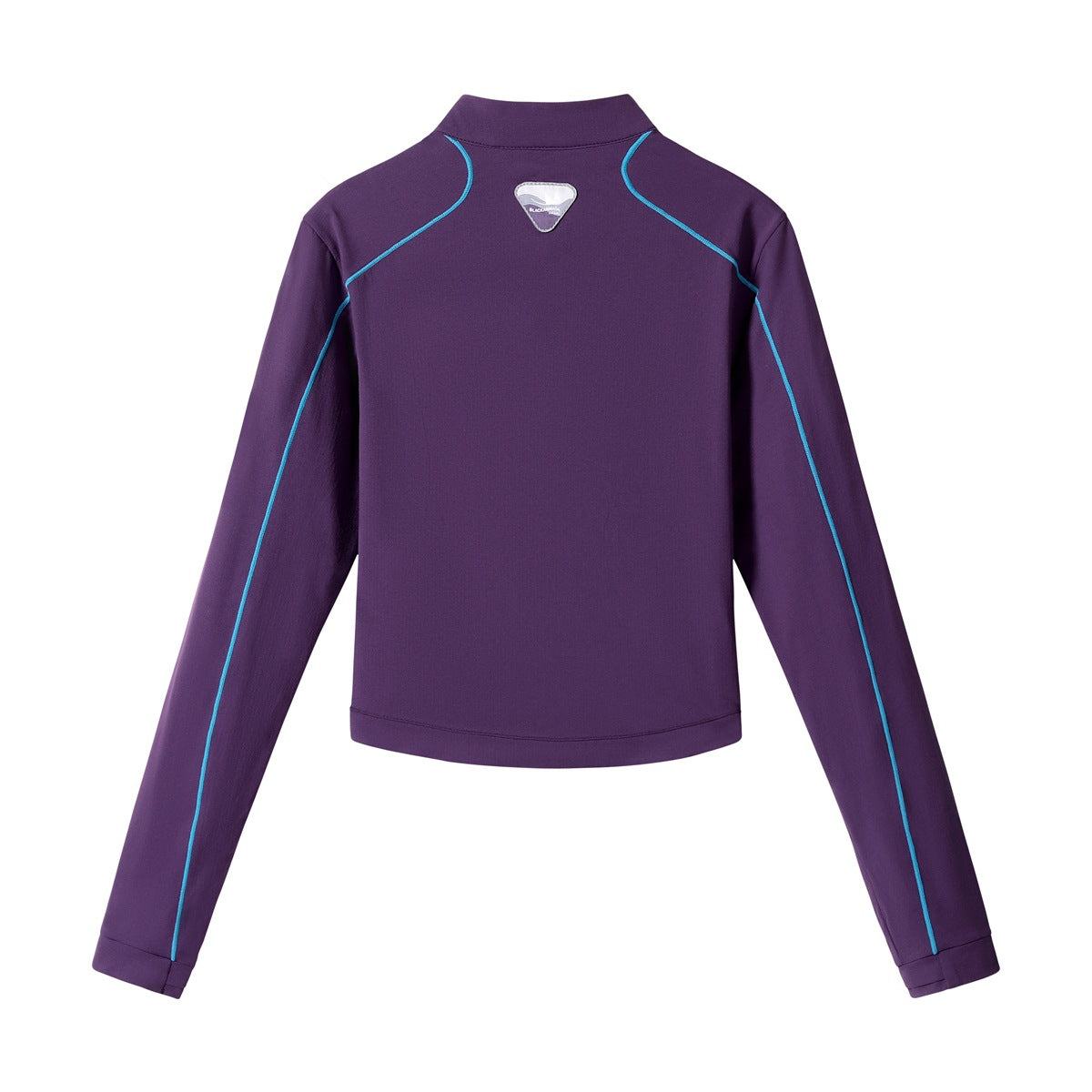 Back view of a deep purple cropped long-sleeve pullover with a stand collar, bright blue piping, and a small triangular