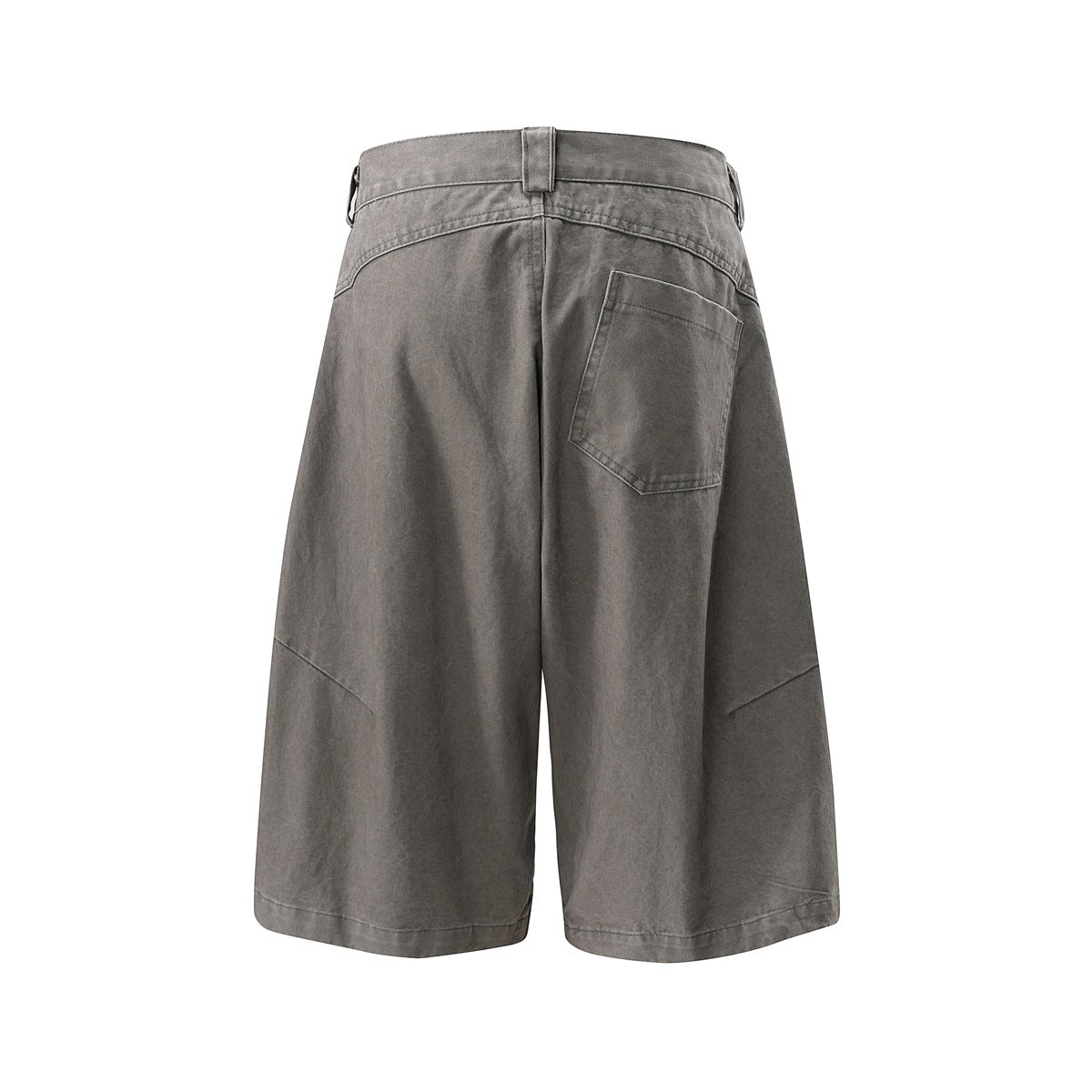 Back view of gray wide-leg shorts with a waistband, belt loops, and one rear patch pocket.