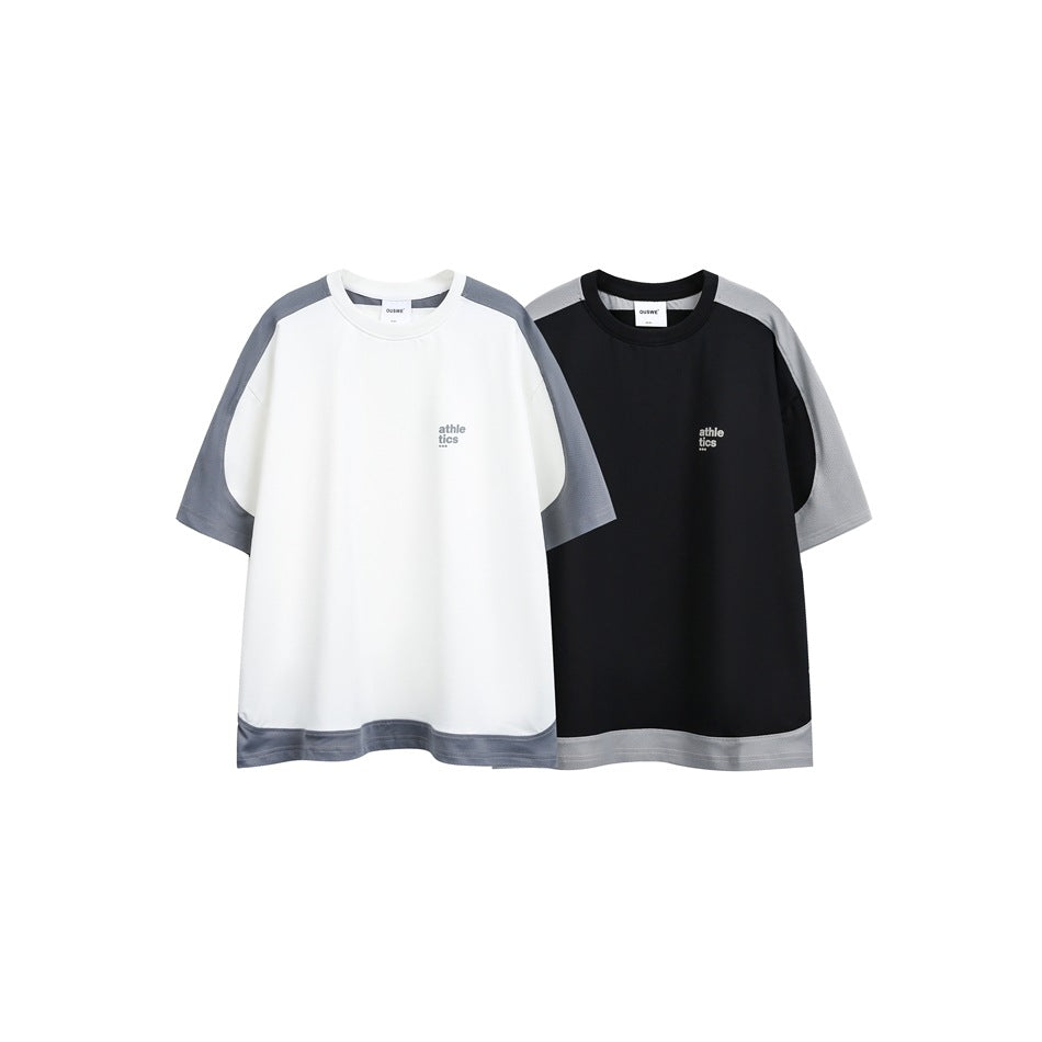 Two front-view T-shirts shown side by side: one white with gray panels and one black with gray panels.