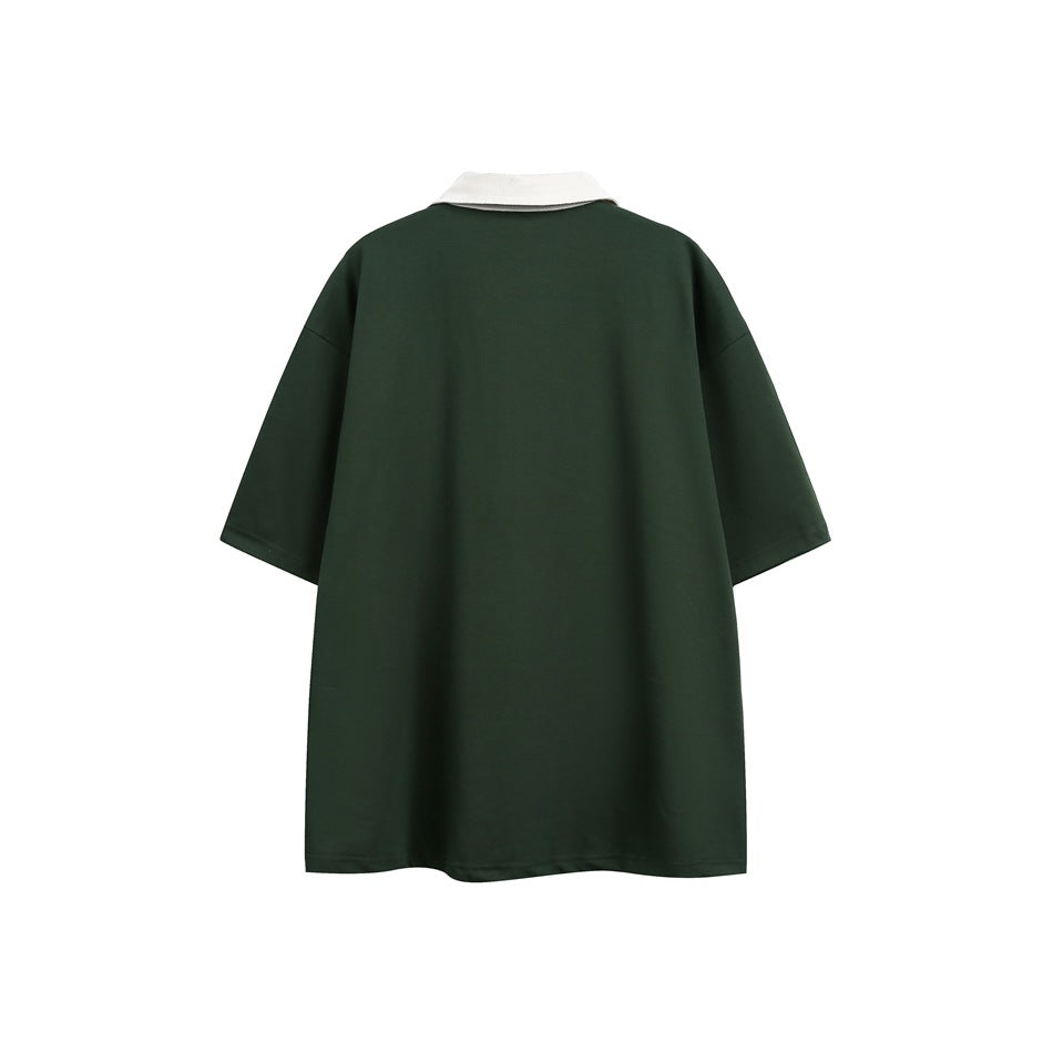 Back view of the army green short-sleeve polo top with a white collar and dropped shoulders