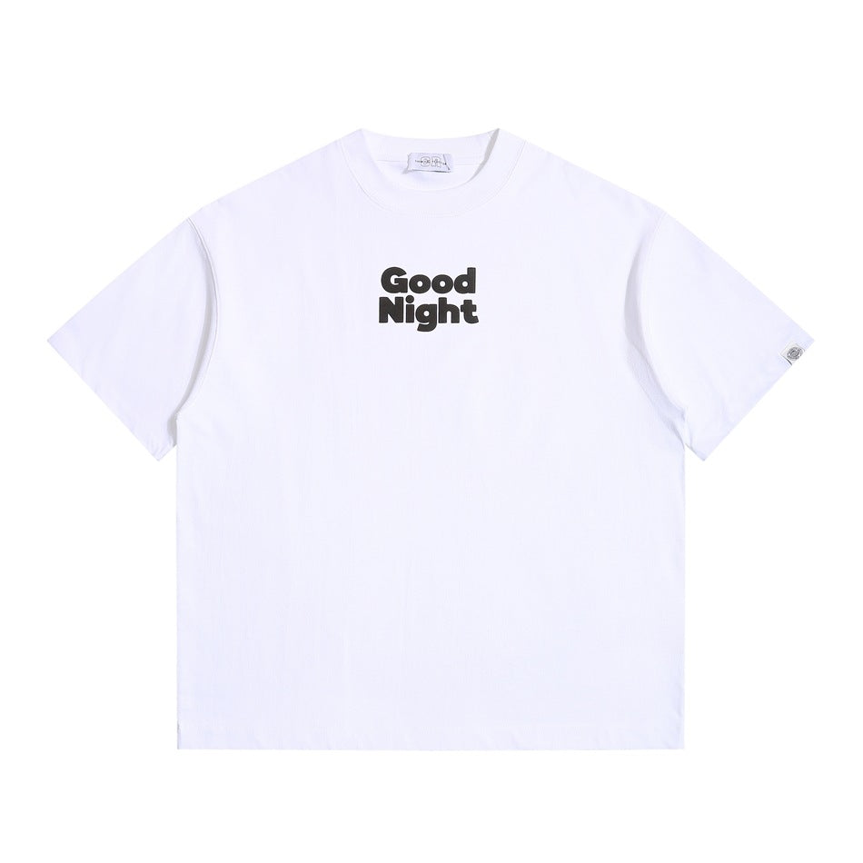 White short-sleeve crew neck T-shirt with black 'Good Night' print on chest, flat front view