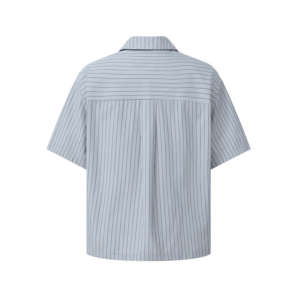 Back view of a light blue pinstriped short-sleeve shirt with a yoke and center pleat.