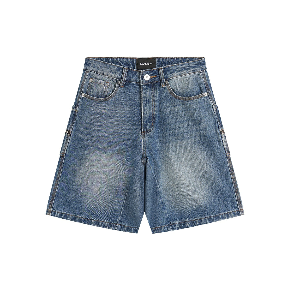 Blue denim shorts shown from the front, with a button closure, belt loops, and five-pocket styling.
