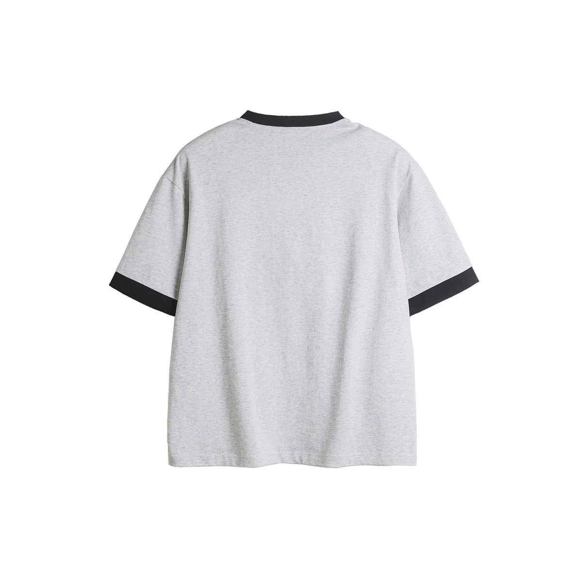Back view of a heather gray short-sleeve T-shirt with black crew-neck and sleeve trim.