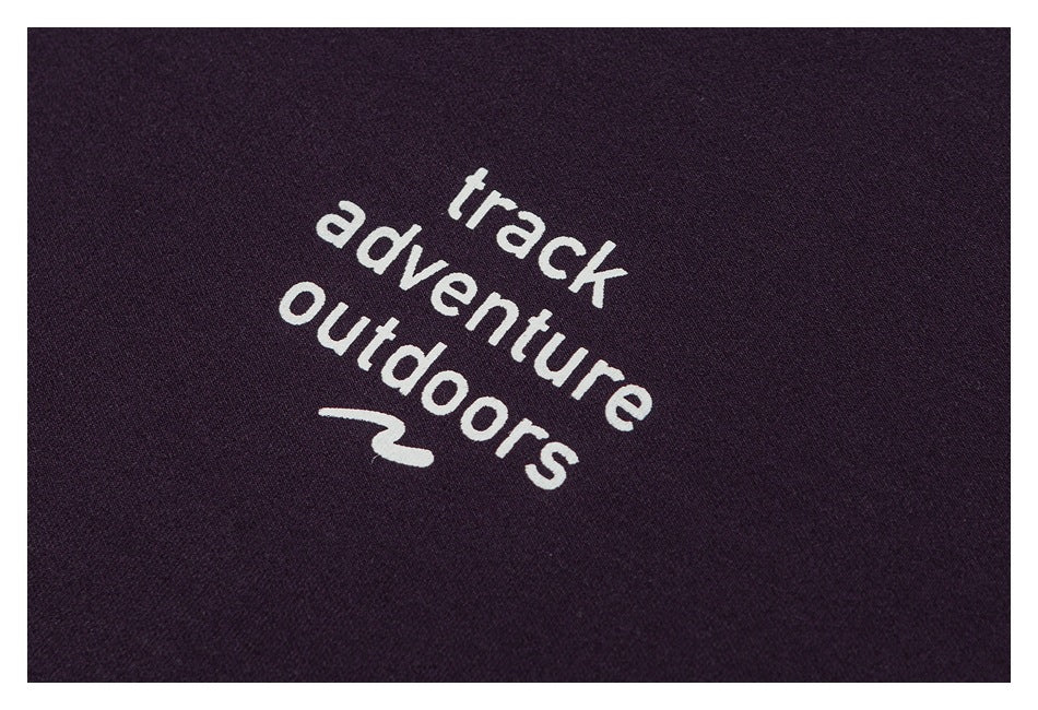 White “track adventure outdoors” logo printed on dark plum fabric.