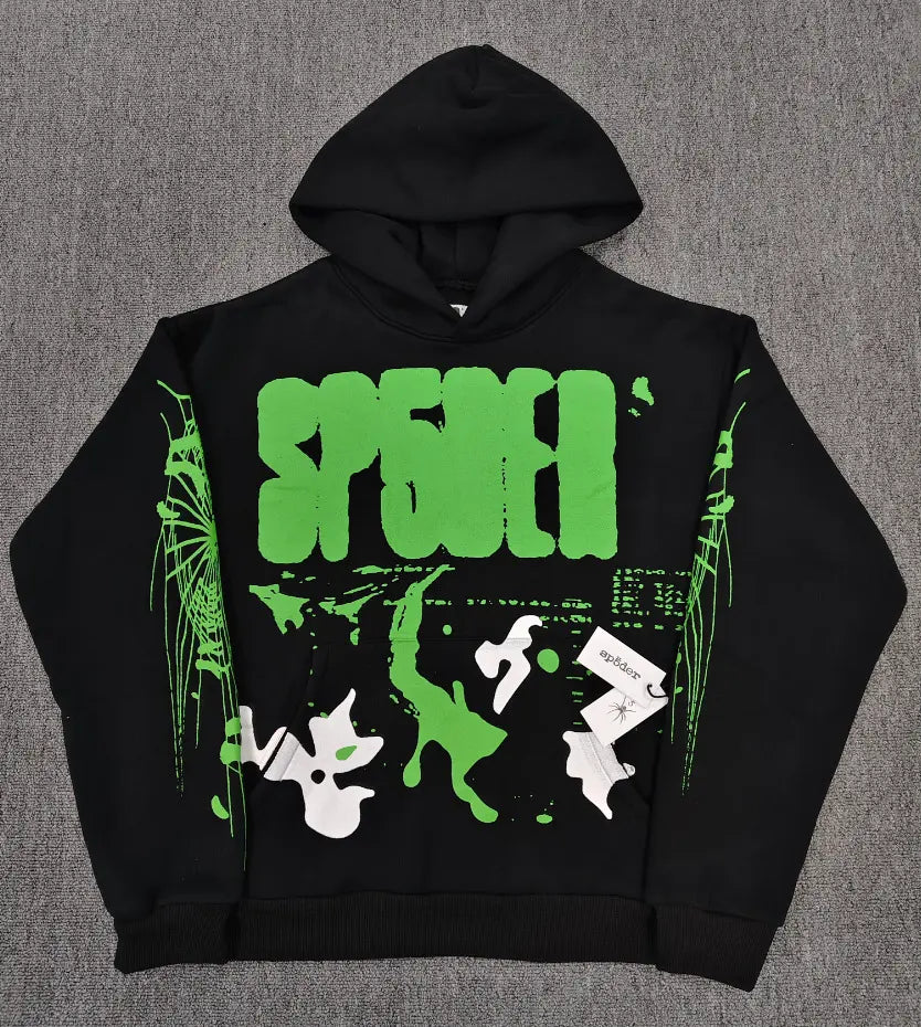 Sp5der black pullover hoodie with neon green logo graphic and spider web sleeve print