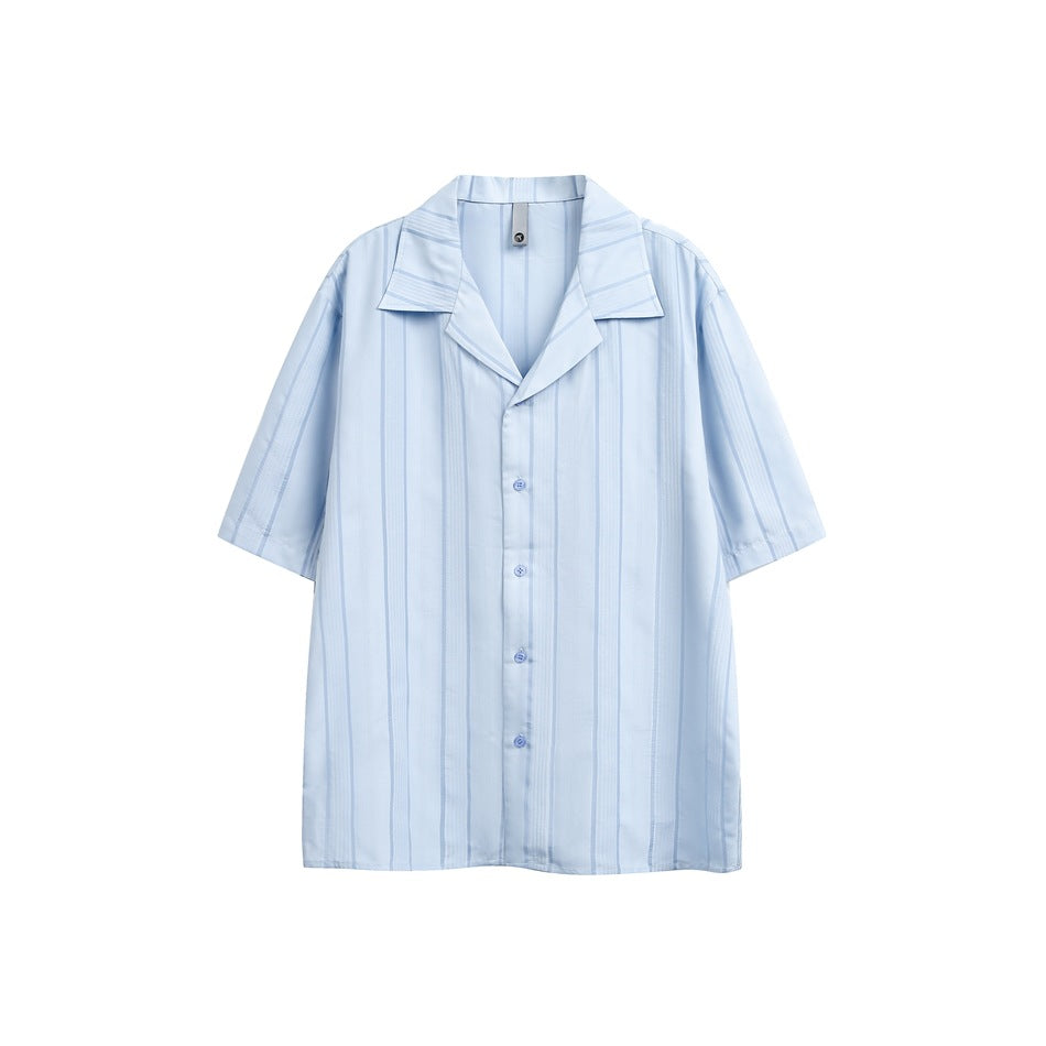 Light blue short-sleeve button-up shirt with vertical stripes and notch collar, flat front view
