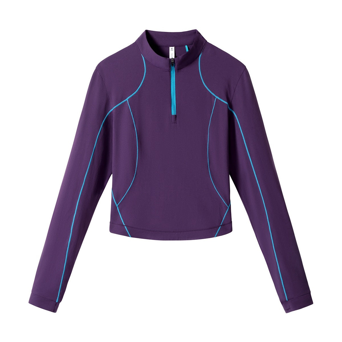 Deep purple cropped half-zip long-sleeve top with bright blue contrast piping and zipper, flat lay