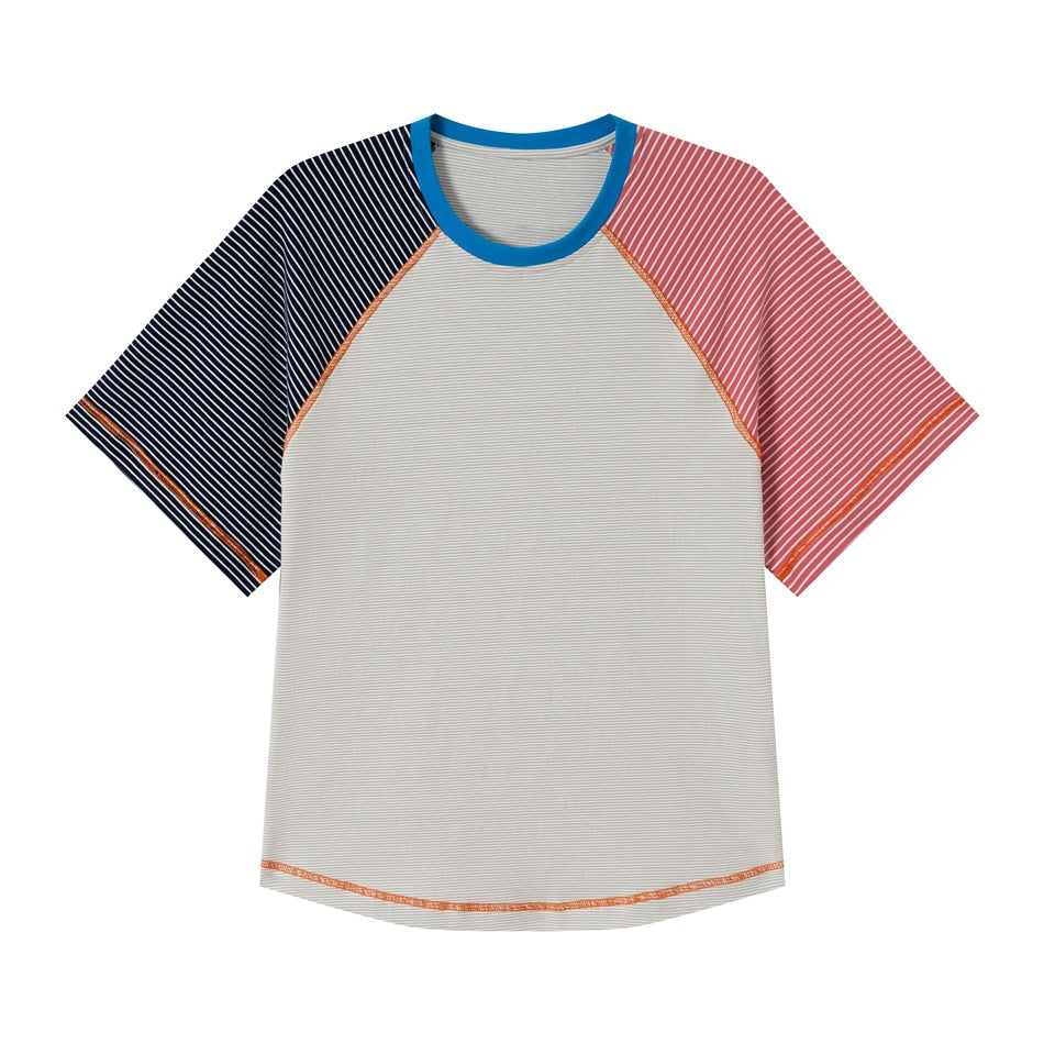 Front of a gray striped raglan T-shirt with a blue neckband, navy and red-pink striped sleeves, and orange stitching