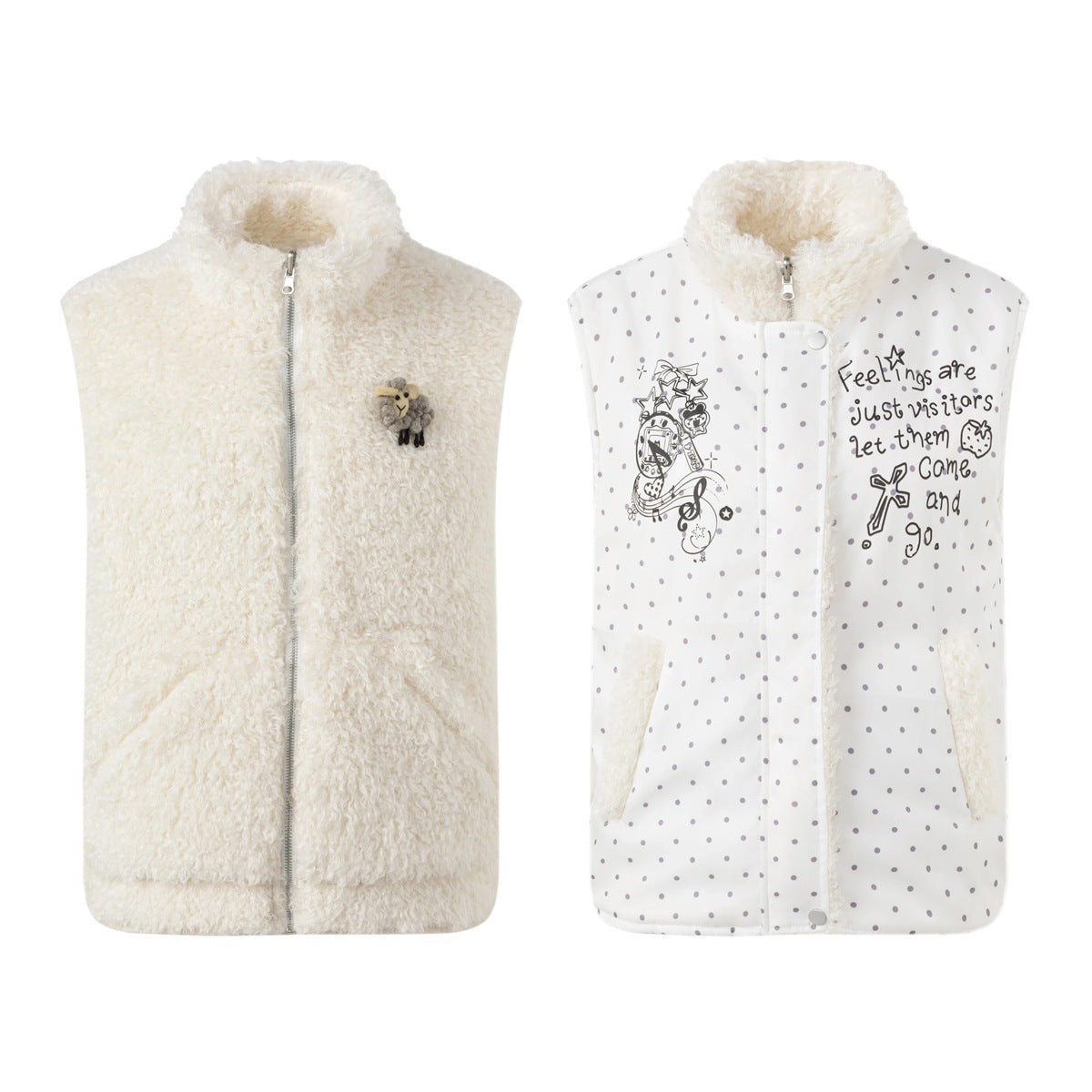 Ivory sleeveless vest shown on both sides: curly fleece with a zipper and sheep applique, and a dotted printed side with