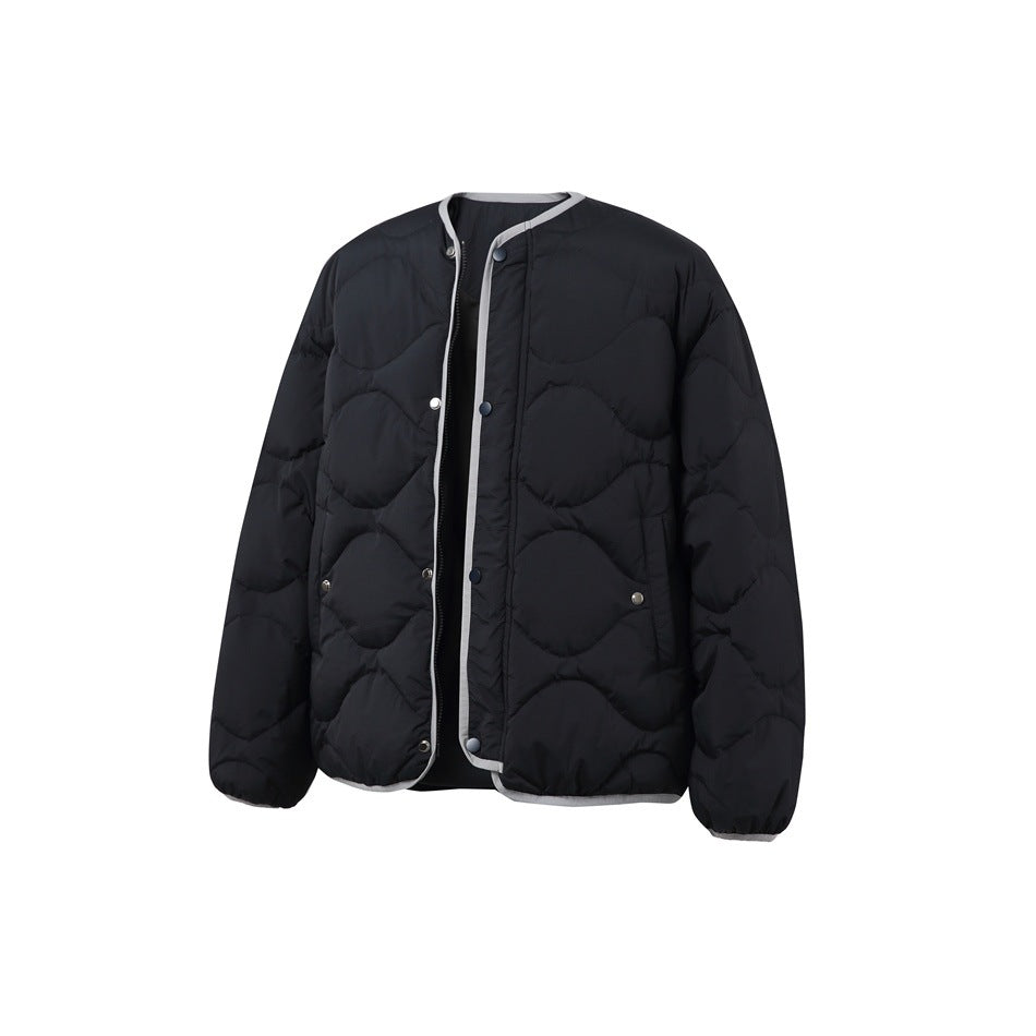 Black quilted jacket with gray trim, front open to show snap placket and inner zipper