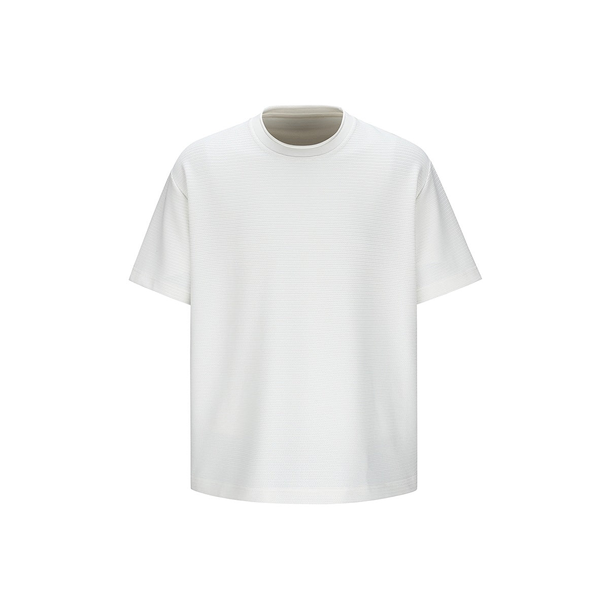 White short-sleeve crew neck T-shirt with fine horizontal ribbed texture, front view on plain background