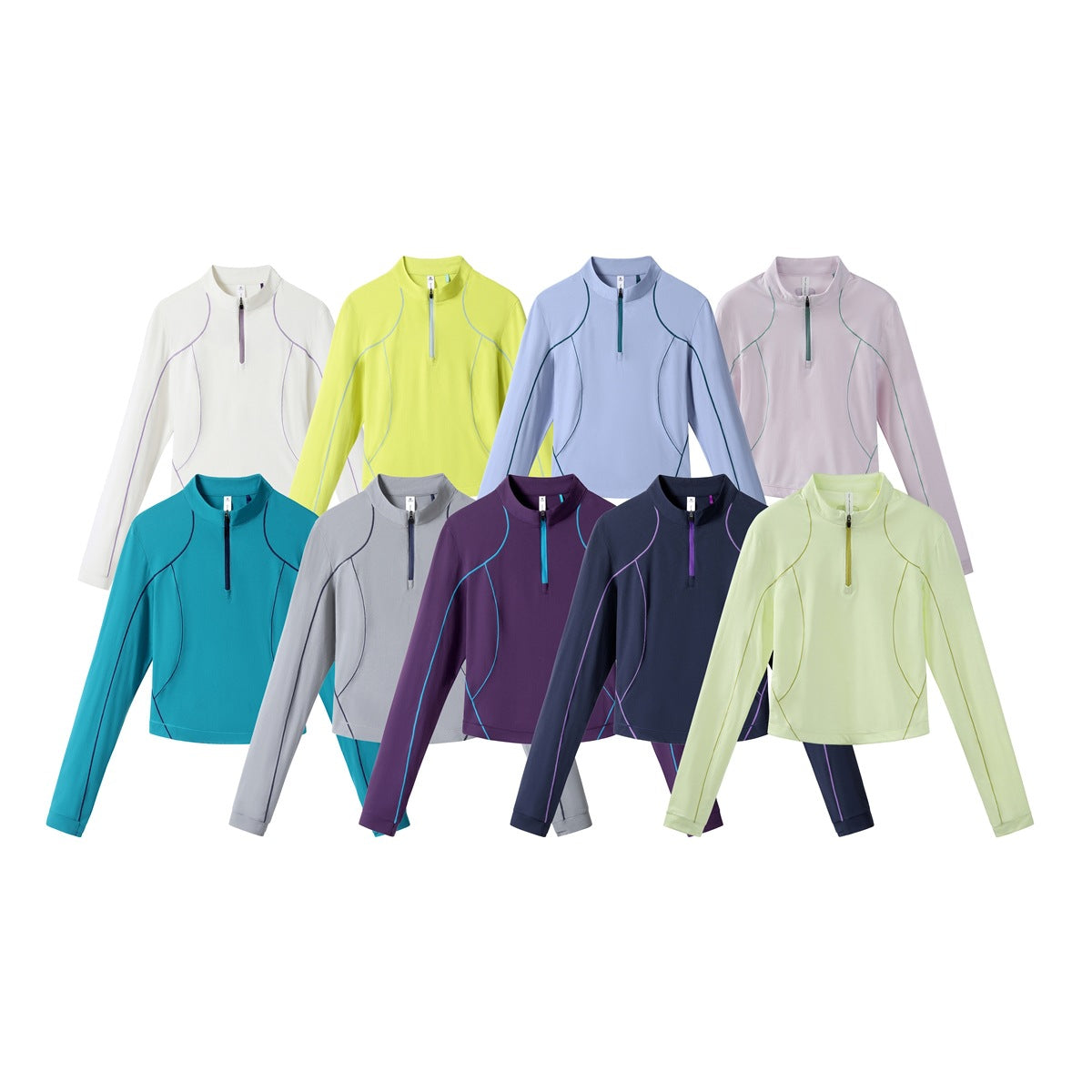 Eight long-sleeve quarter-zip tops shown in white, lime, blue, pink, teal, gray, purple, and pale green.