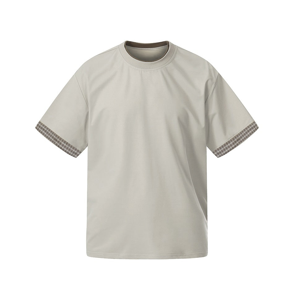Light gray short-sleeve crew-neck tee with brown neckline trim and plaid cuffs, flat front view