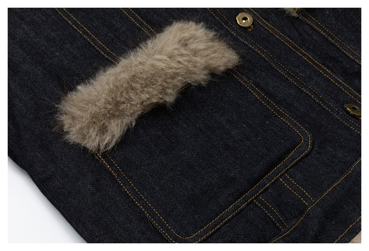 Close-up of a denim pocket with tan stitching and taupe fluffy trim.