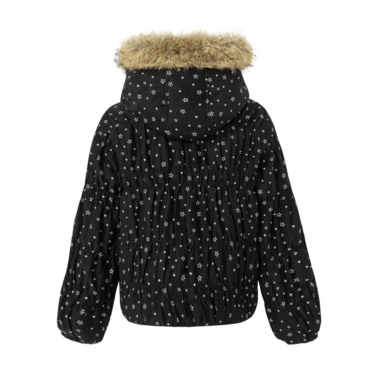 Back view of black star-print hooded jacket with fur-like hood trim and gathered ruched body and sleeves