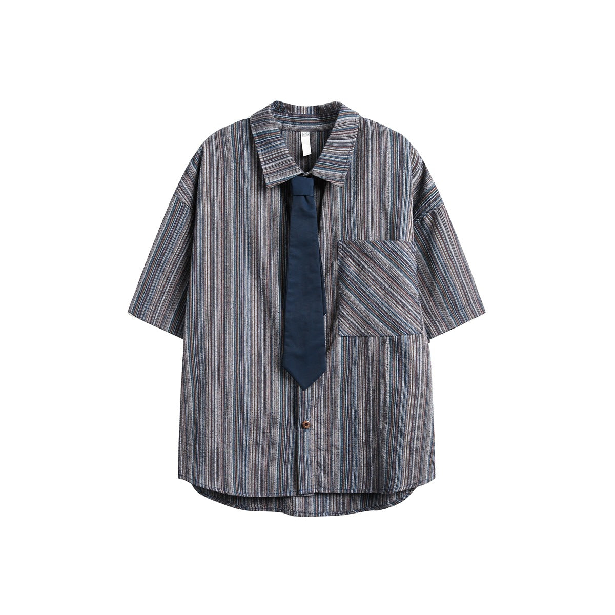 Navy blue-gray striped short-sleeve shirt with chest pocket and navy tie, flat lay