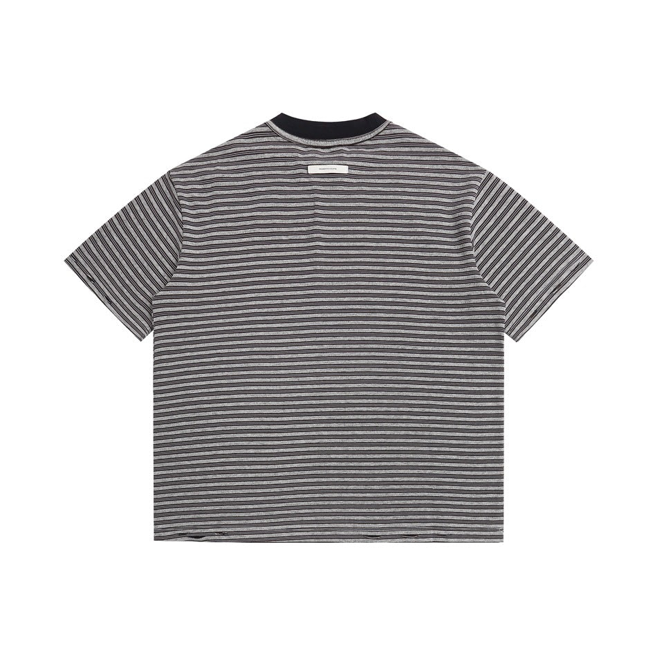 Flat lay of a short-sleeve gray and black horizontally striped T-shirt with a dark ribbed crew neck.