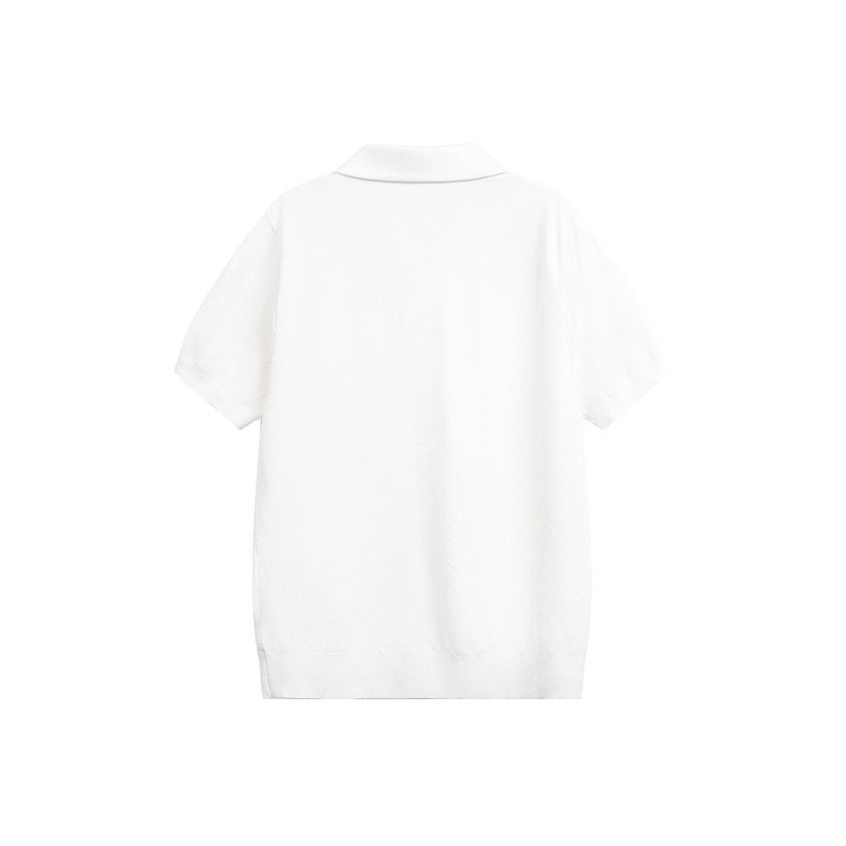 Back view of a white short-sleeve polo shirt with a folded collar and ribbed hem.