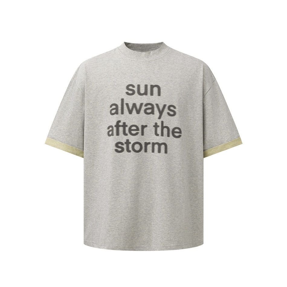 Heathered gray short-sleeve T-shirt with 'sun always after the storm' chest print and yellow-tan contrast sleeve cuffs