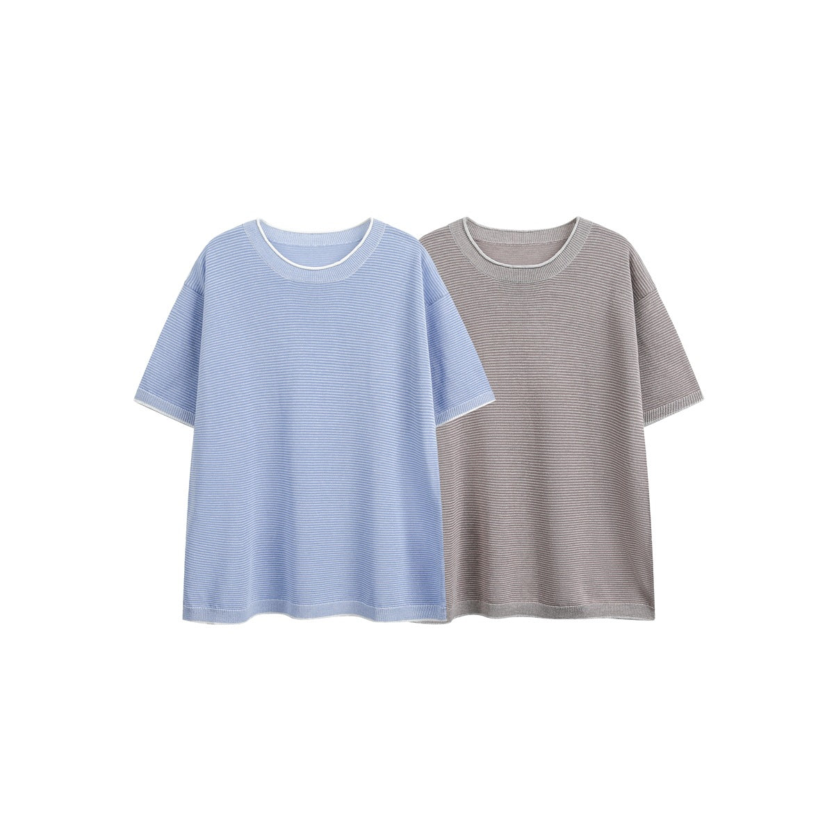 Two short-sleeve crew-neck knit tops with fine horizontal stripes, shown in blue and taupe.