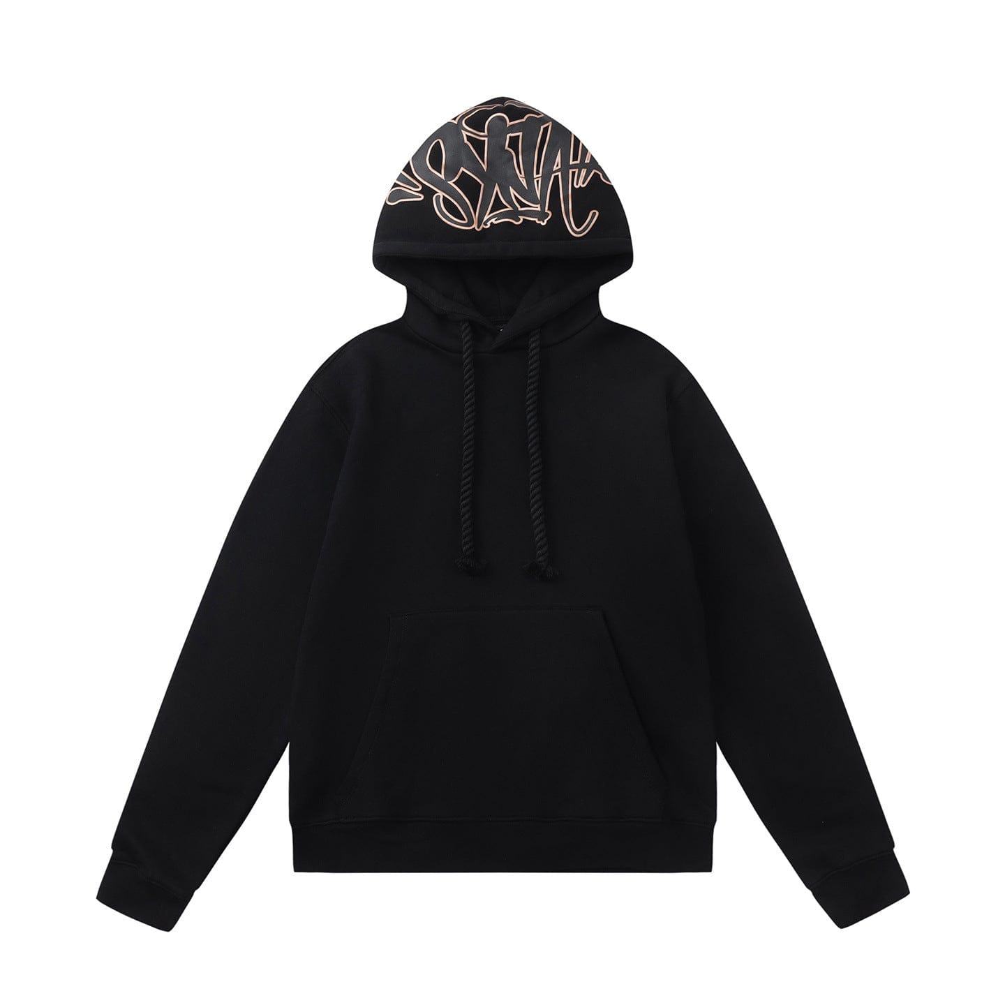 The Syna World Graphic Hoodie is a black pullover with drawstrings, a kangaroo pocket, and bold graffiti-style hood design—your new streetwear staple. Available in four colorways.