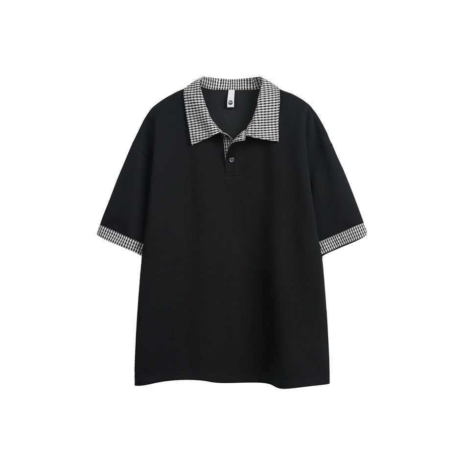 Black short-sleeve polo with black and white gingham collar and sleeve cuffs, flat lay front view