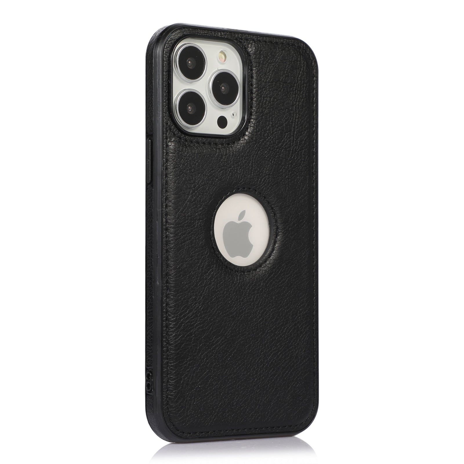 A premium synthetic leather iPhone 16 Pro Max case with a circular cutout revealing the Apple logo on the back, showcasing its sleek design and triple camera setup, while offering shockproof and anti-fingerprint protection.