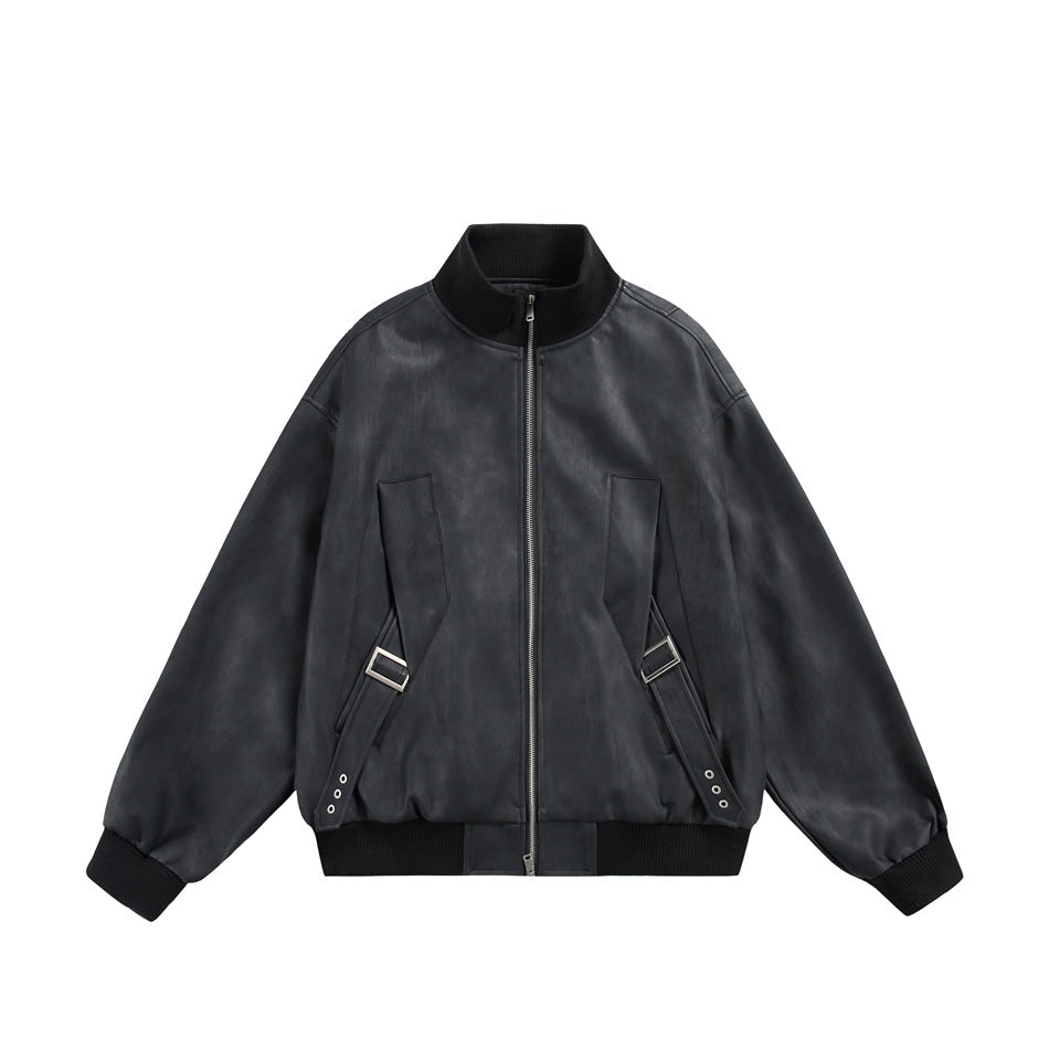 Black faux-leather-look stand-collar zip jacket with ribbed trim and buckled side straps, front flat view