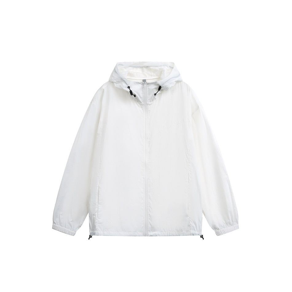 White hooded full-zip jacket with drawstring hood and hem, flat front view