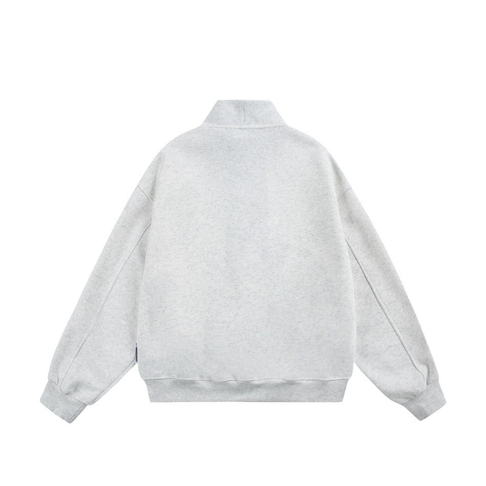 Back view of a light gray sweatshirt with a stand collar, long sleeves, ribbed cuffs, and hem.