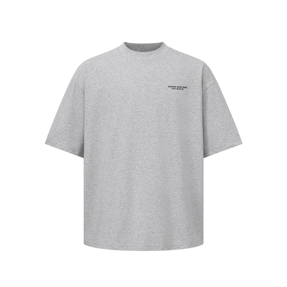 Heather gray short-sleeve crew-neck T-shirt front view with small black text on the left chest