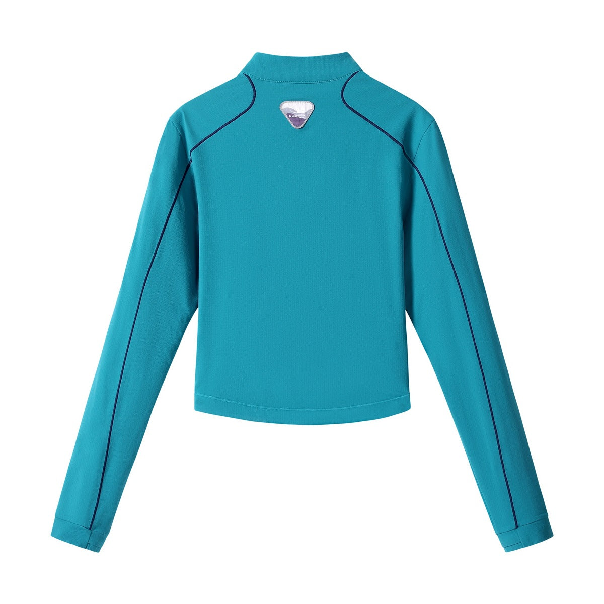 Back view of a teal cropped long-sleeve pullover with a stand collar, dark piping, and a small triangular upper-back patch.