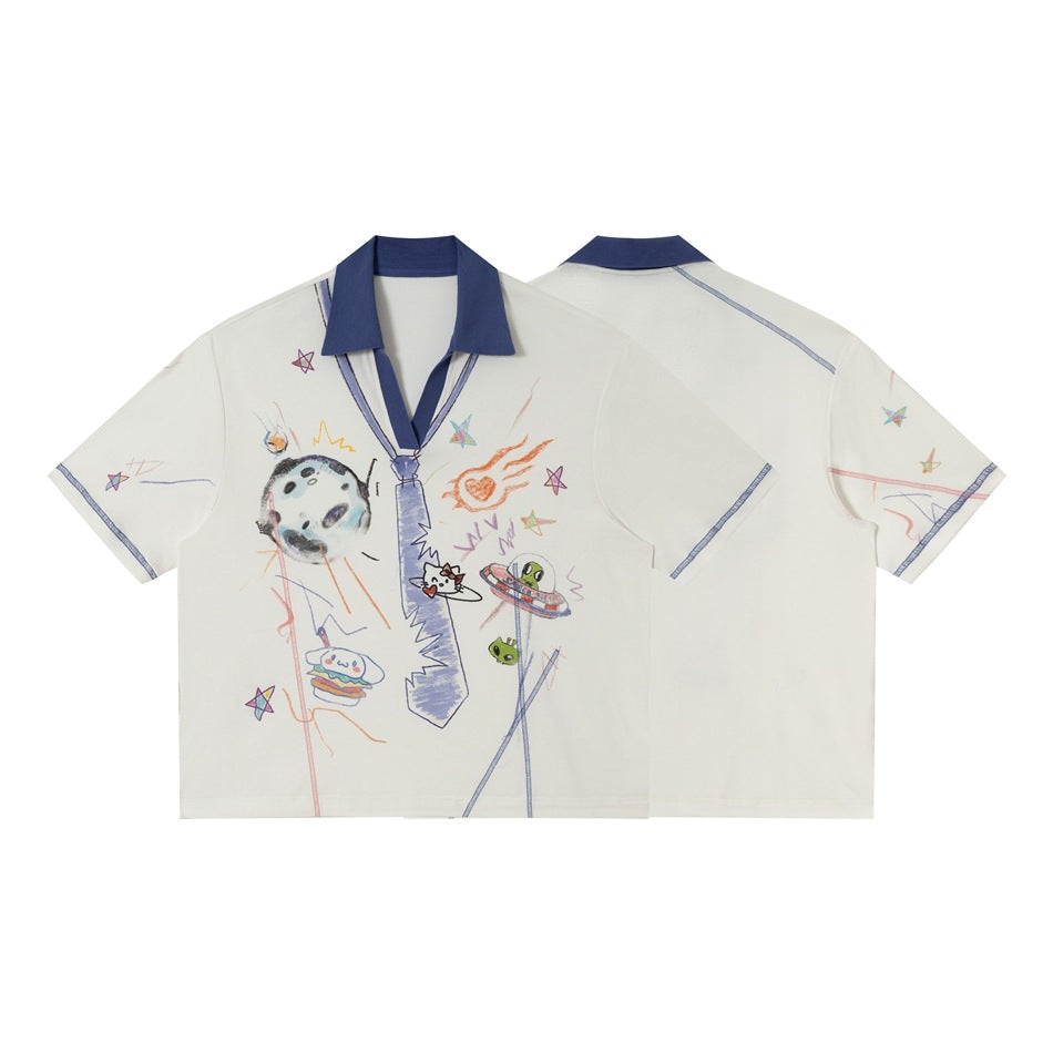 Ivory short-sleeve polo shown from front and back, with a blue collar and colorful doodle print on the front.