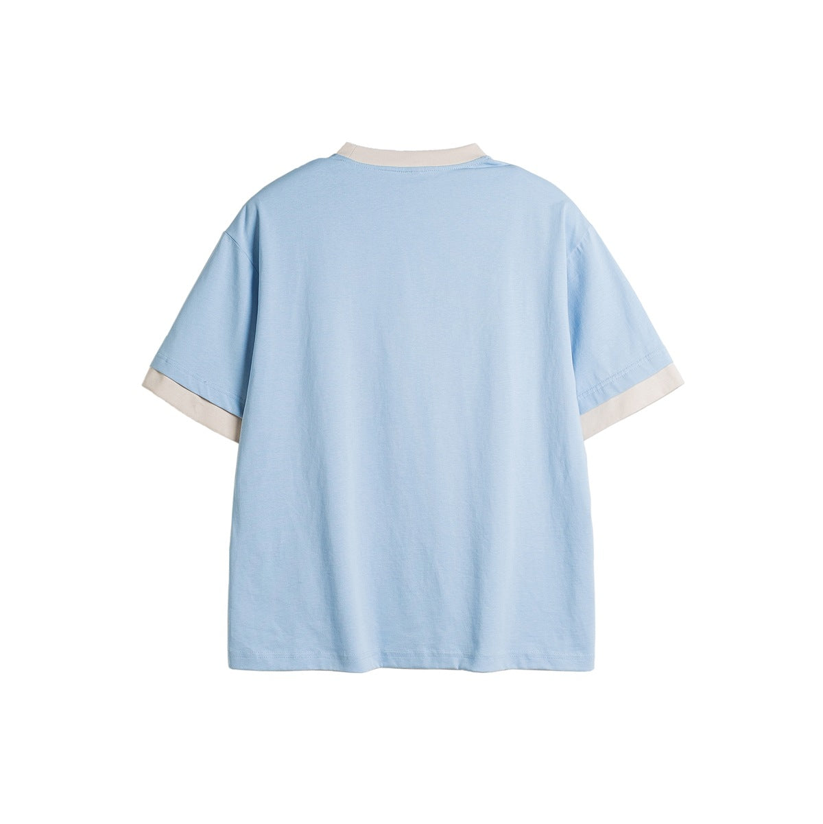 Back view of a light blue short-sleeve T-shirt with cream crew-neck and sleeve trim.