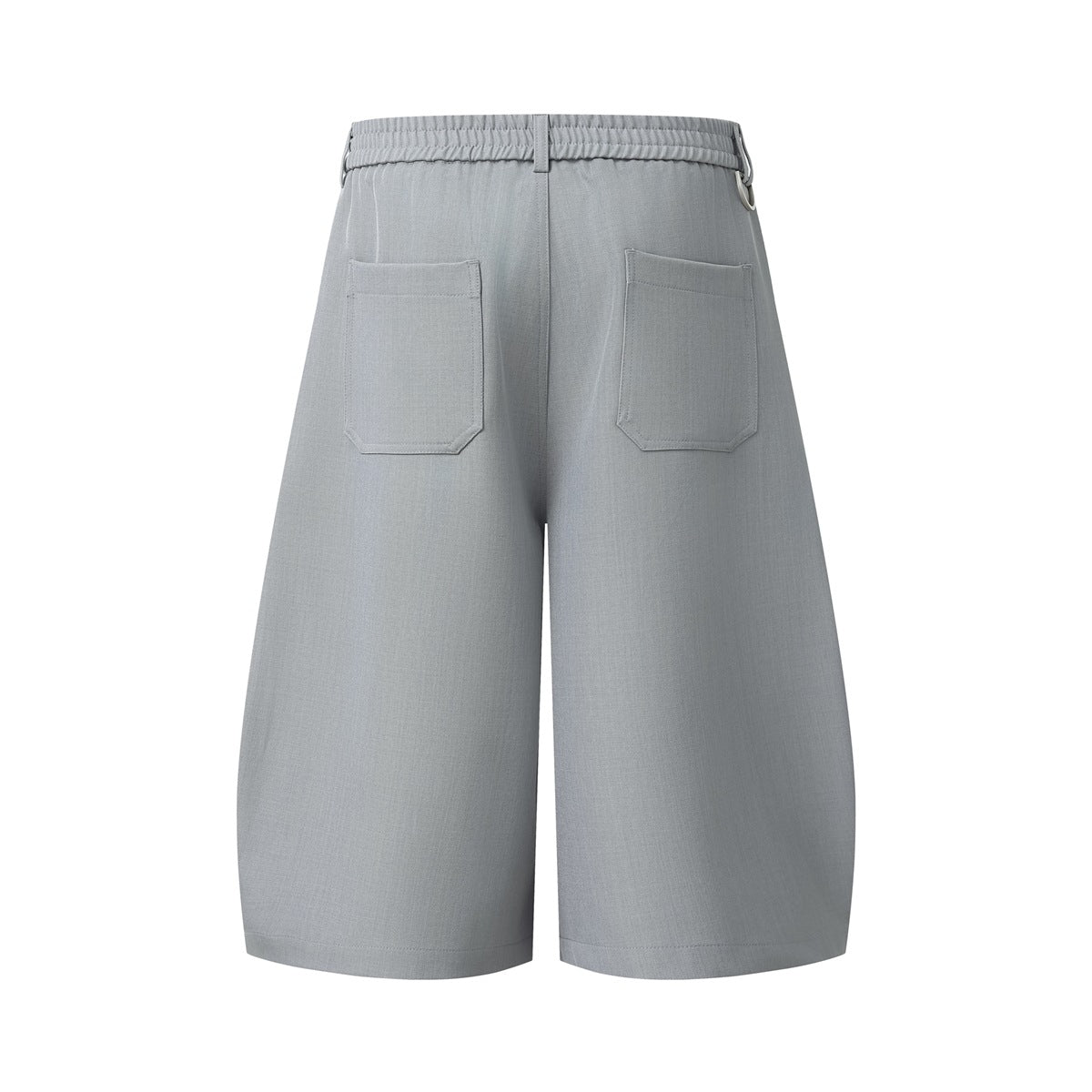 Back view of light gray wide-leg shorts with an elastic waistband and two patch pockets.