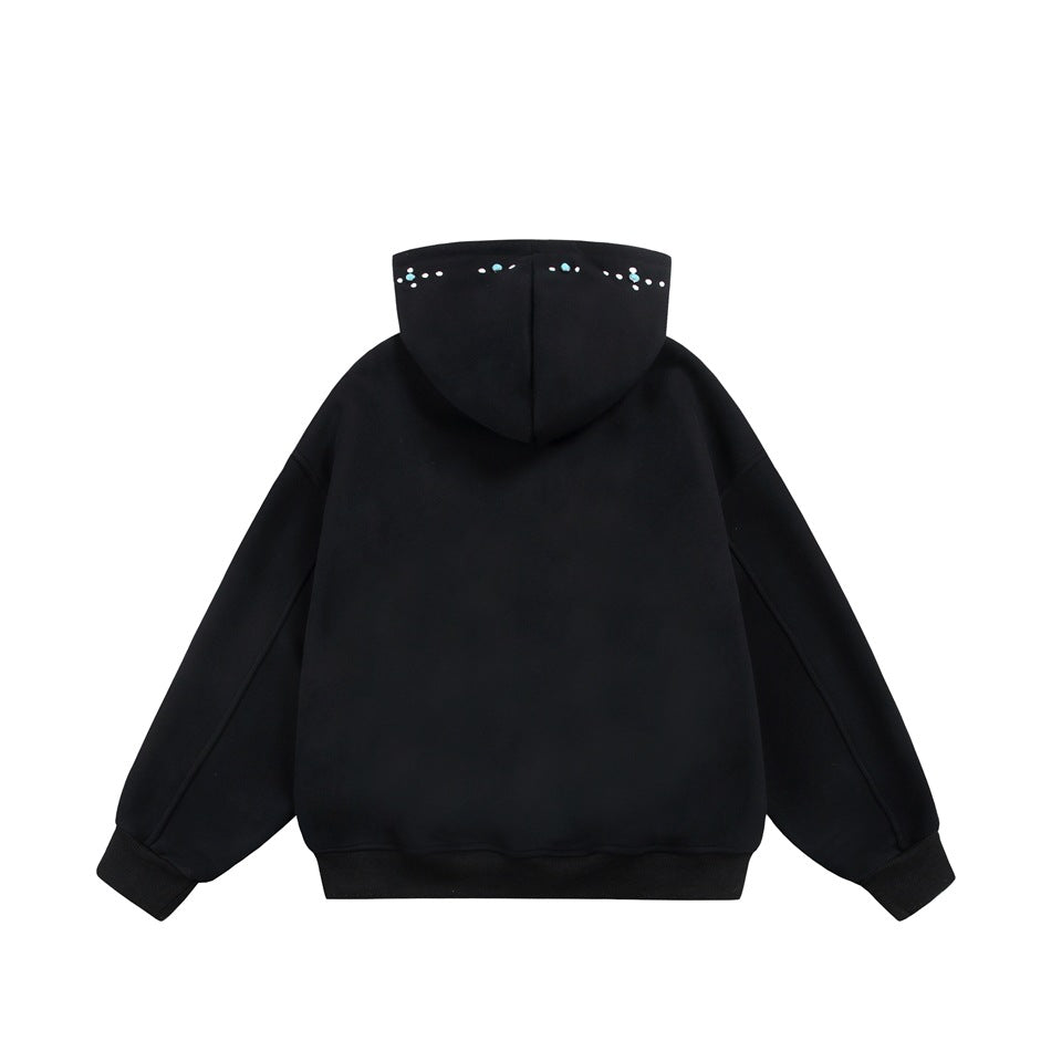 Back view of black hoodie flat lay with beads along the hood edge and ribbed hem and cuffs