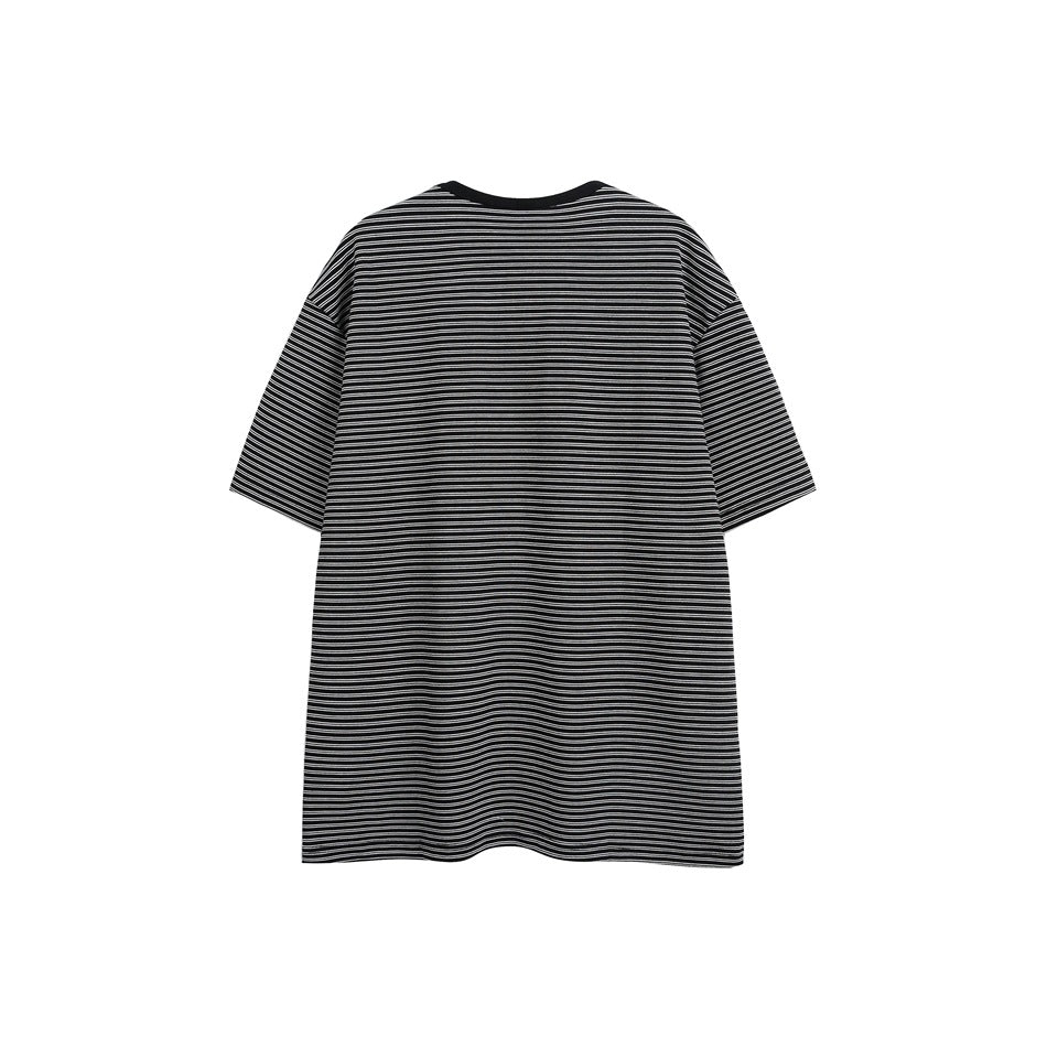Back view of a black short-sleeve shirt with fine white horizontal stripes and a plain black crew neckline.